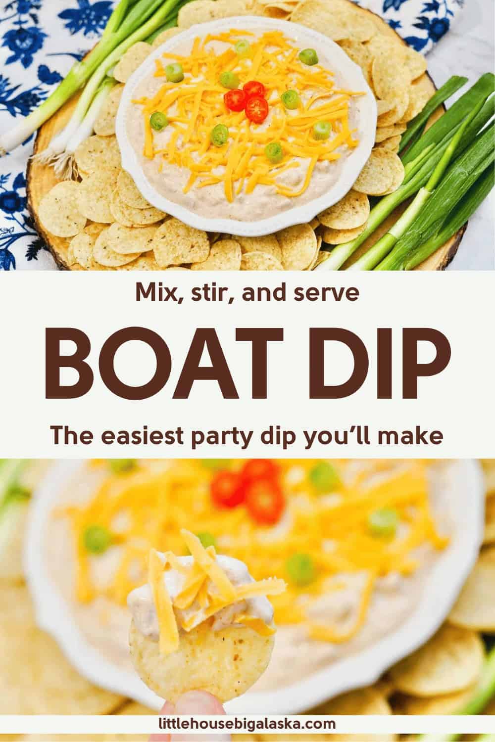 Bowl of creamy dip topped with shredded cheese and green onions, surrounded by round chips, with fresh green onions on the side. Text reads: "Boat Dip. The easiest party dip you’ll make.
