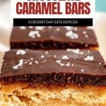 Close-up of Caramel Chocolate Bars with a buttery base, soft caramel layer, and smooth chocolate top, sprinkled with flaky sea salt.