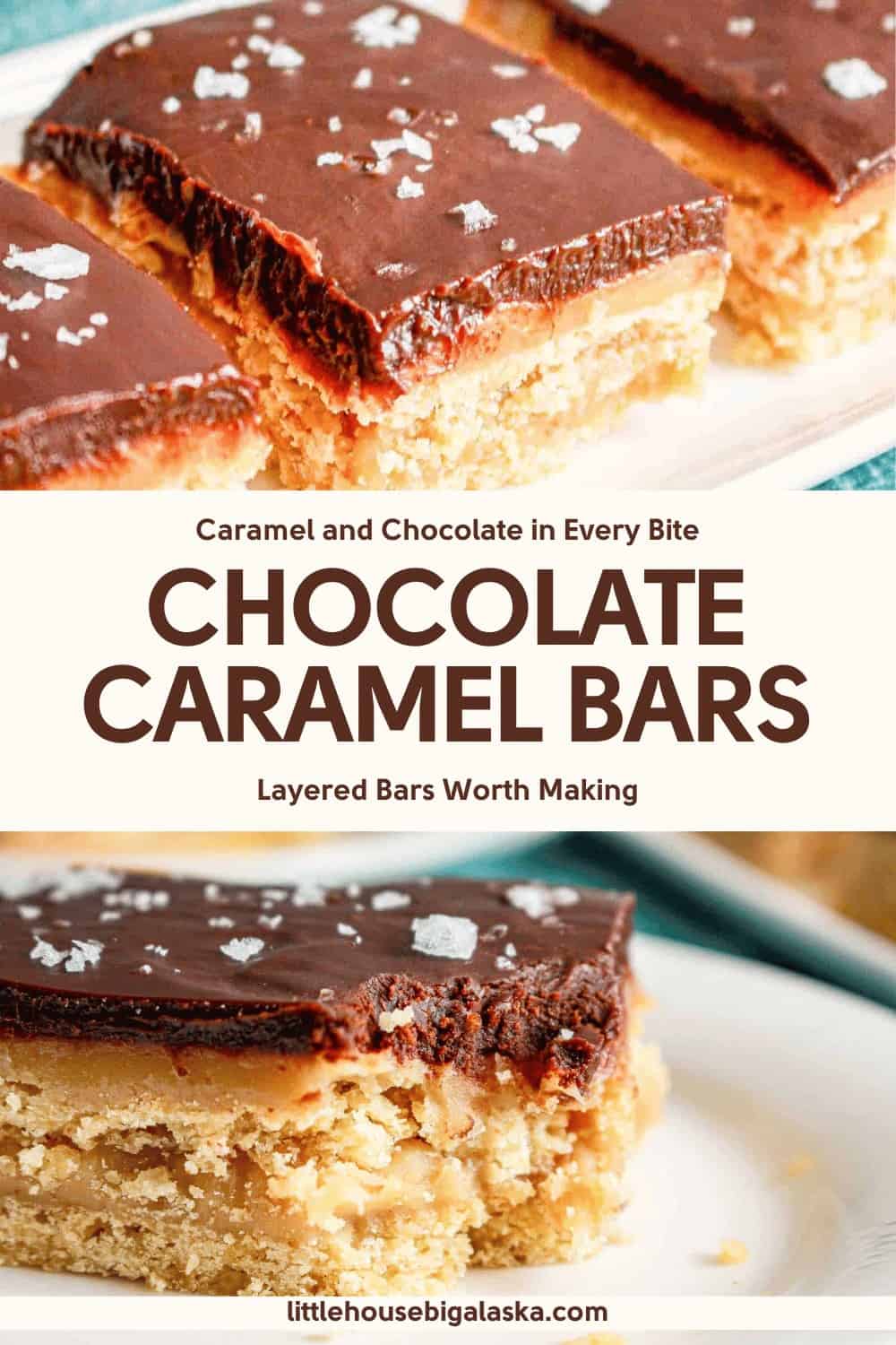 Close-up of Caramel Chocolate Bars with a rich chocolate topping and flaky sea salt, highlighting the luscious caramel layer and buttery shortbread base. Text overlay reads "Chocolate Caramel Bars.