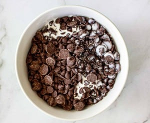A white bowl filled with chocolate chips partially covered in cream, placed on a light-colored surface.