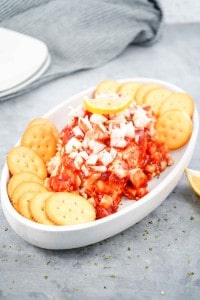 Oval dish with a mixture of chopped onions, tomato-based sauce, and a lemon wedge in the center, surrounded by round crackers on a gray surface.