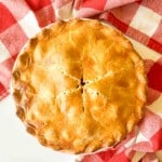 A whole classic rhubarb pie with a golden brown crust sits on a red and white checkered cloth.