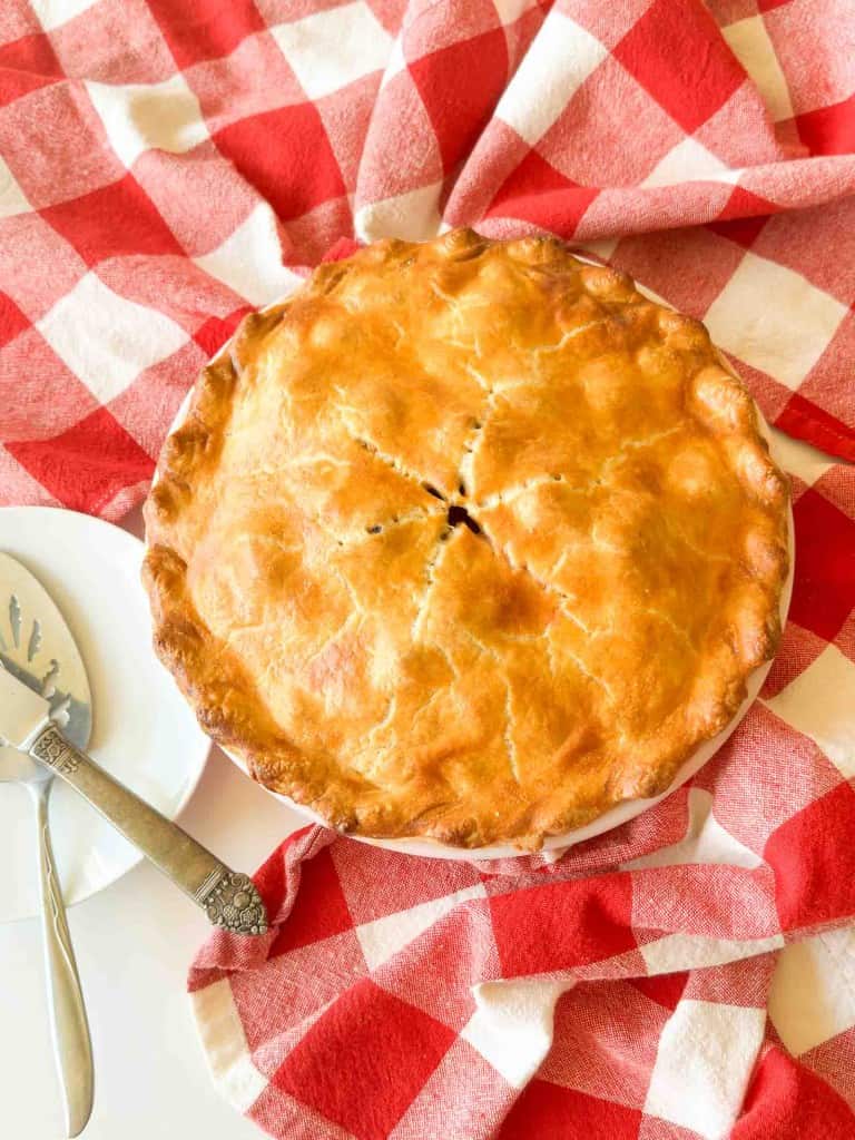 A whole classic rhubarb pie with a golden-brown crust rests on a red and white checkered cloth, beside a pie server on a white plate.