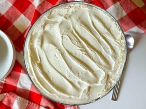 A glass dish filled with Strawberry Rhubarb Trifle, topped with a smooth layer of whipped cream, is placed on a red and white checkered cloth next to a spoon and plate.