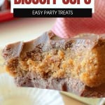 Close-up of a partially eaten Biscoff Cup with a creamy filling, promoting an easy no-bake dessert recipe—perfect for party treats.