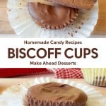 A chocolate Biscoff cup, partially sliced to reveal a creamy Biscoff filling, rests in a white cupcake liner on a wooden surface. Text below reads: "Biscoff Cups, Homemade Candy Recipes." Perfect for fans of homemade Biscoff cups.