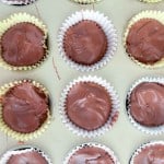 Rows of chocolate-covered treats in paper cupcake liners, viewed from above.