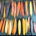Rows of roasted multicolored carrots, sliced lengthwise, arranged on a dark baking sheet.