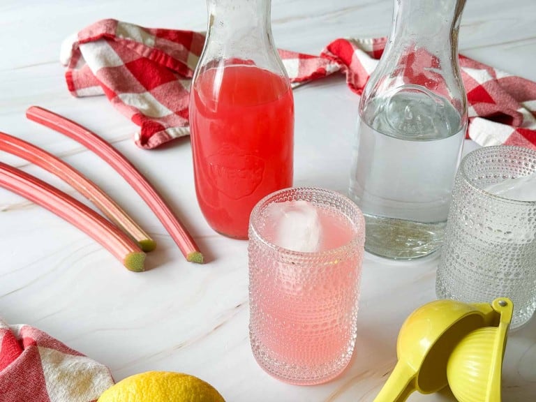 Two glass bottles, one filled with pink rhubarb lemonade and the other with clear liquid, sit on a table alongside two glasses, fresh rhubarb stalks, a lemon, a juicer, and a red-checkered towel.