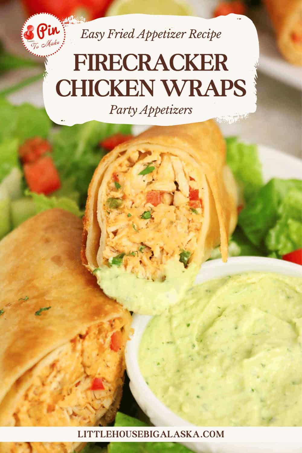 Two Firecracker Chicken Wraps cut in half, served with green dipping sauce and lettuce on a white plate. Text over the image includes the recipe title, “Firecracker Chicken Wraps,” and website.
