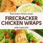 Two crispy, golden Firecracker Chicken Wraps filled with shredded chicken and vegetables are served with a side of green dipping sauce and fresh lettuce, garnished with diced tomatoes and herbs.