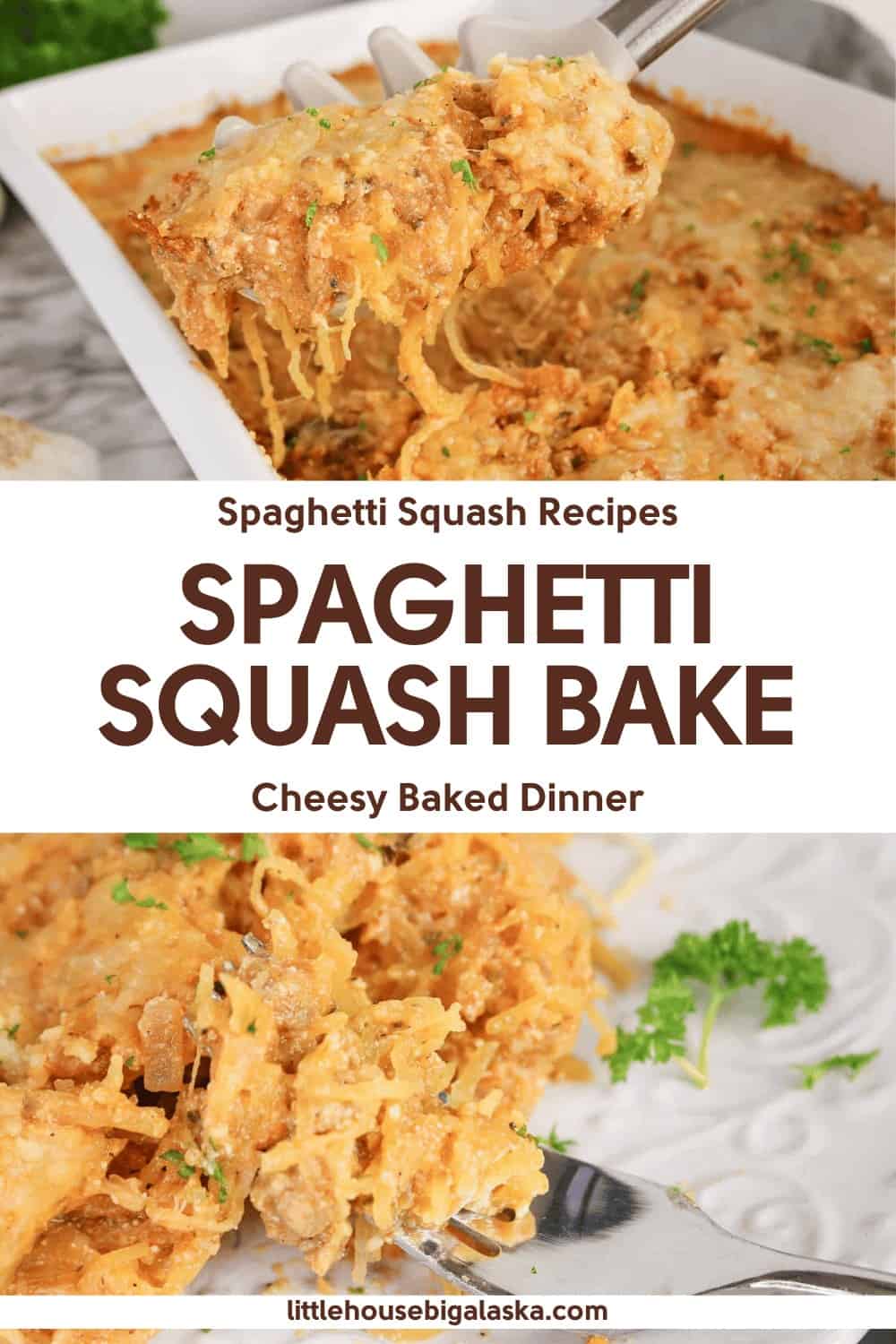 Close-up of a cheesy Spaghetti Squash Bake being served from a white baking dish, garnished with parsley.