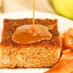Caramel drizzle on a slice of cake.
