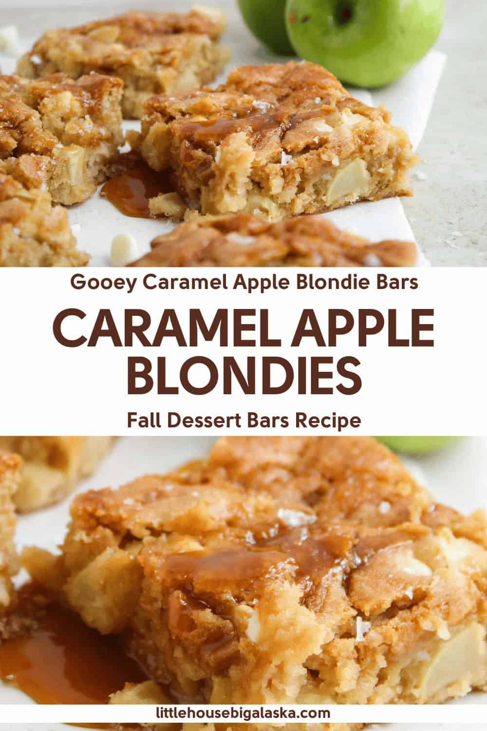 Close-up of caramel apple blondie bars with chunks of apple and caramel drizzle, displayed on a white plate with green apples in the background.