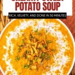 A bowl of creamy sweet potato soup topped with crispy onions and herbs, with text describing it as a quick, rich, and velvety weeknight dinner.