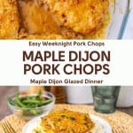 Tender maple Dijon pork chops are baked to perfection and served on creamy mashed potatoes, garnished with fresh herbs. This delicious dish is complemented by crisp green beans and a refreshing glass of water in the background.