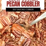 Close-up of a slow cooker pecan cobbler in a crockpot with a spoon in it; visible pecans and rich, gooey sauce. Text on image reads, “Slow Cooker Pecan Cobbler.”.
