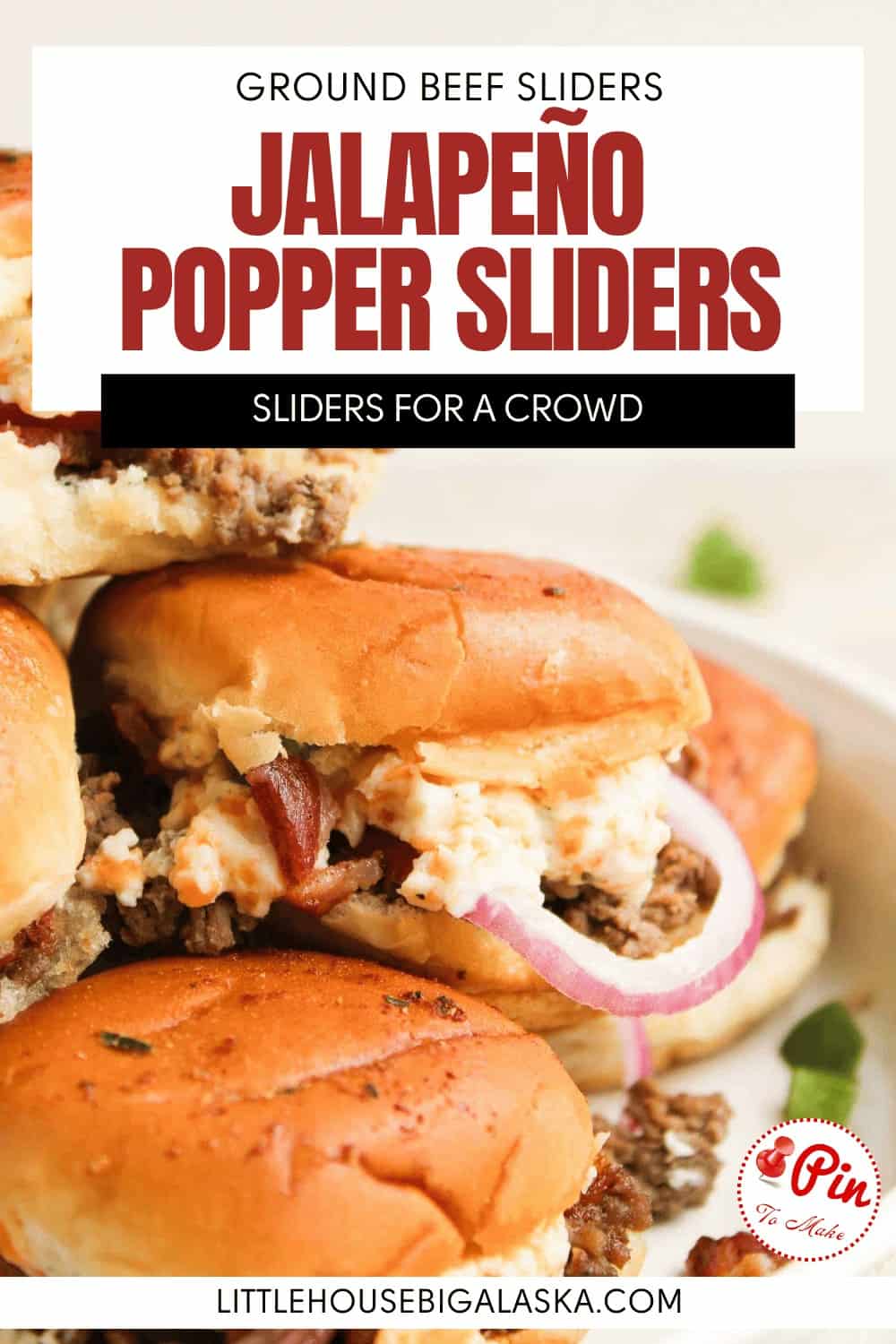 Three ground beef sliders with jalapeño, red onion, and cheese filling are served on a white plate, creating the ultimate jalapeño popper sliders experience.