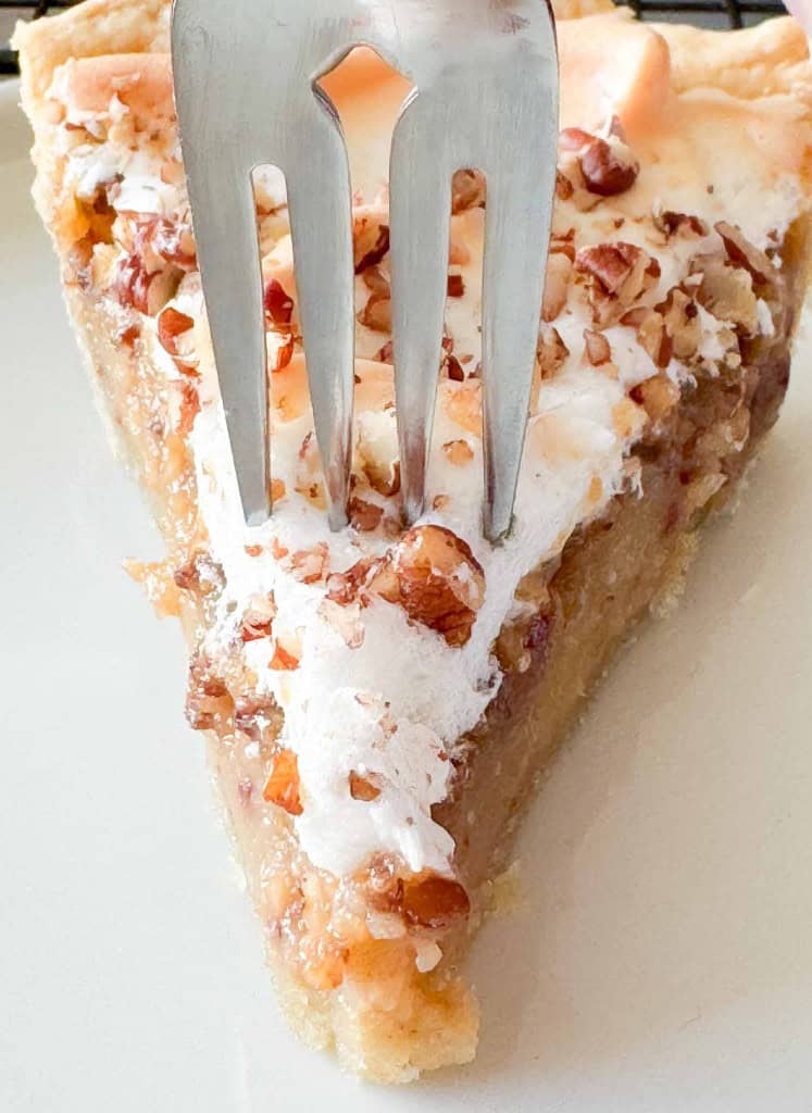A fork presses into a slice of nut-topped pie with a meringue layer.