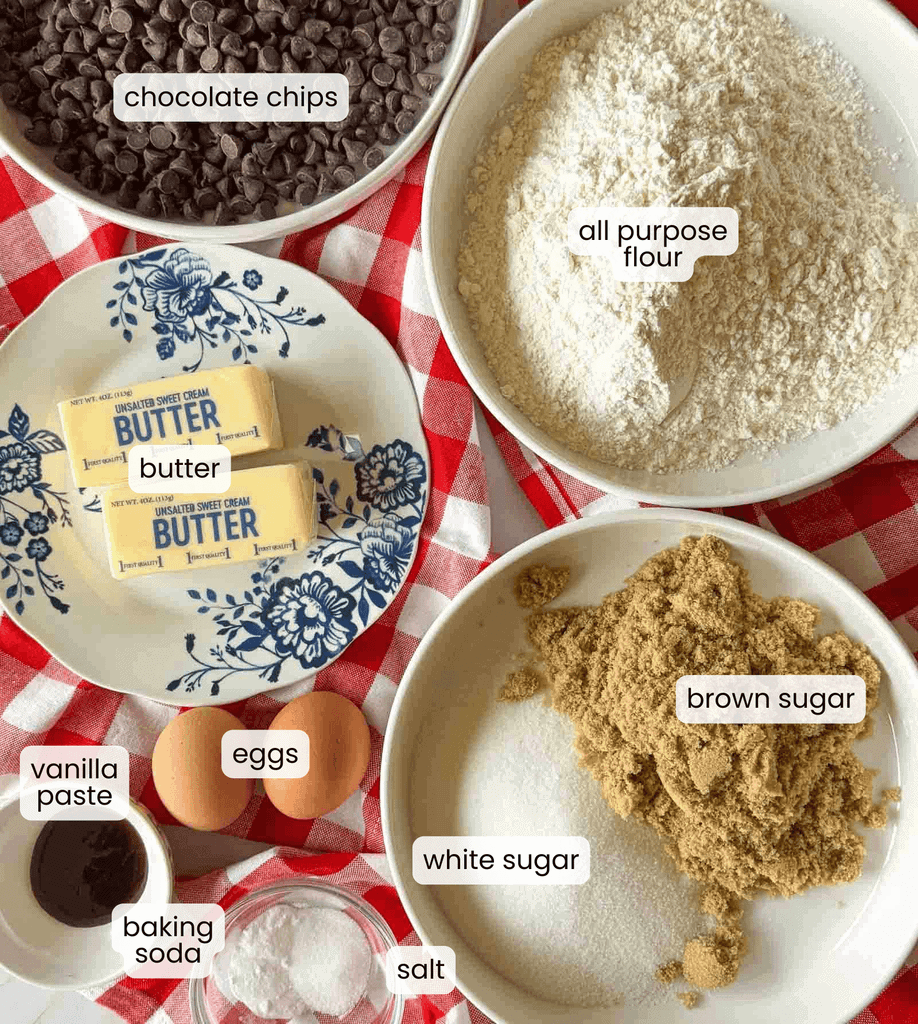 Ingredients for baking chocolate chip cookies, including chocolate chips, flour, butter, brown and white sugar, eggs, vanilla paste, baking soda, and salt, each labeled with its name.