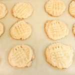 Twelve baked peanut butter cookies with a fork-pressed crosshatch pattern arranged on a parchment-lined baking sheet.