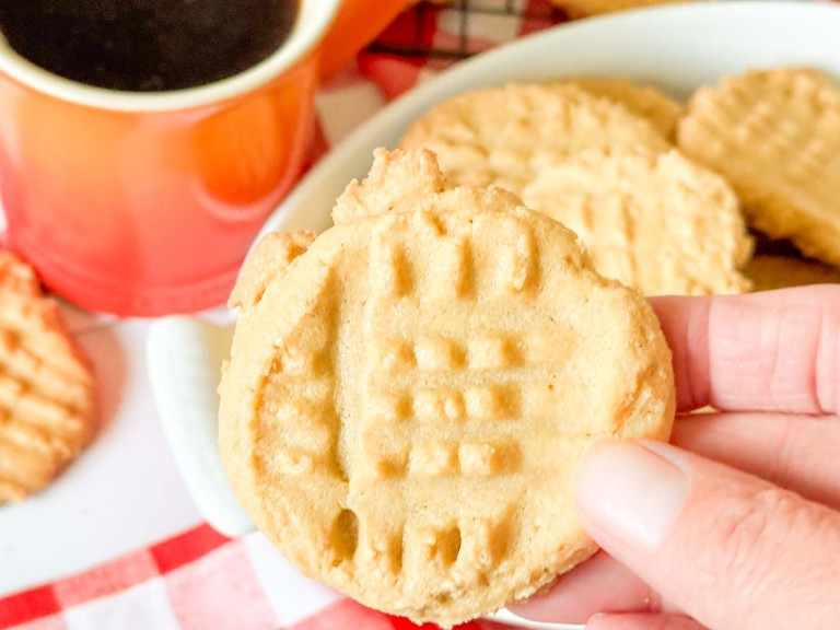 A hand holding a peanut butter cookie with a cross-hatch pattern, with a plate of cookies and an orange mug in the background.